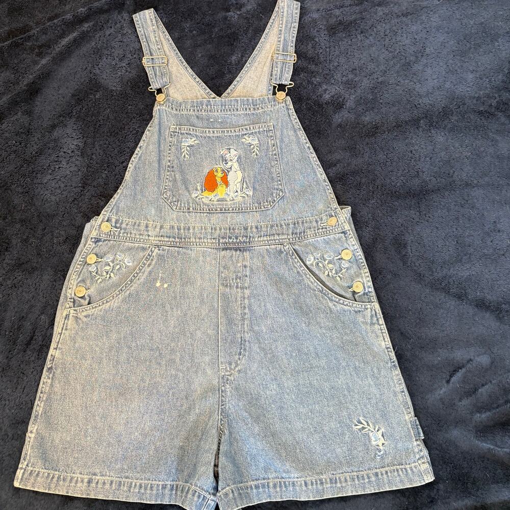 Vintage Disney Store Lady & Tramp Denim Shortalls Embroidered Bib Overalls M